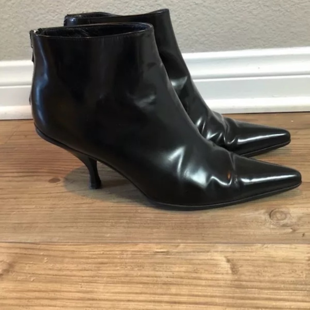 Black leather Prada kitten heel ankle boots